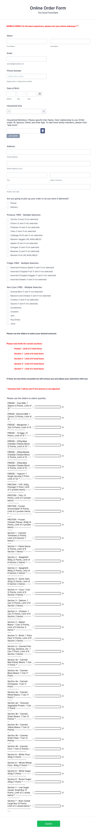 Food Bank Order Form Template