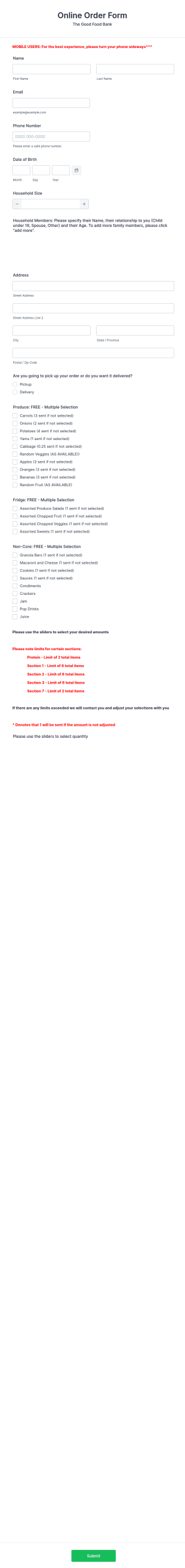 Food Bank Order Form Template