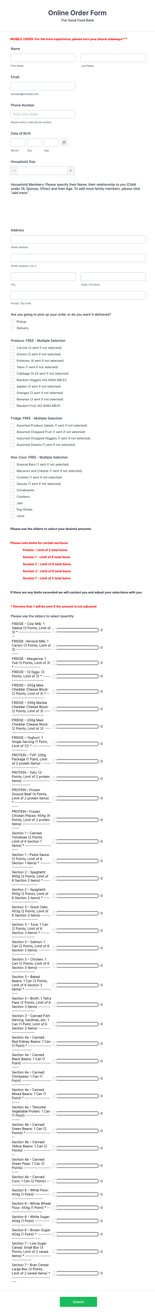 Food Bank Order Form Template