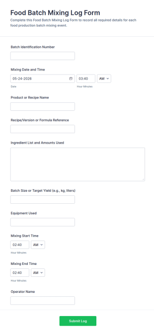 Food Batch Mixing Log Form Template