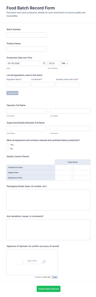 Food Batch Record Form Template