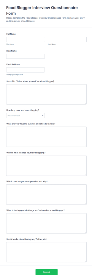 Food Blogger Interview Questionnaire Form Template