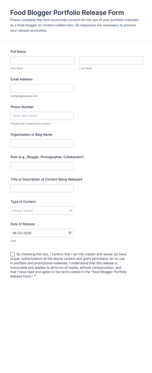 Food Blogger Portfolio Release Consent Form Template