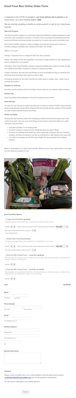 Food Box Online Order Form Template