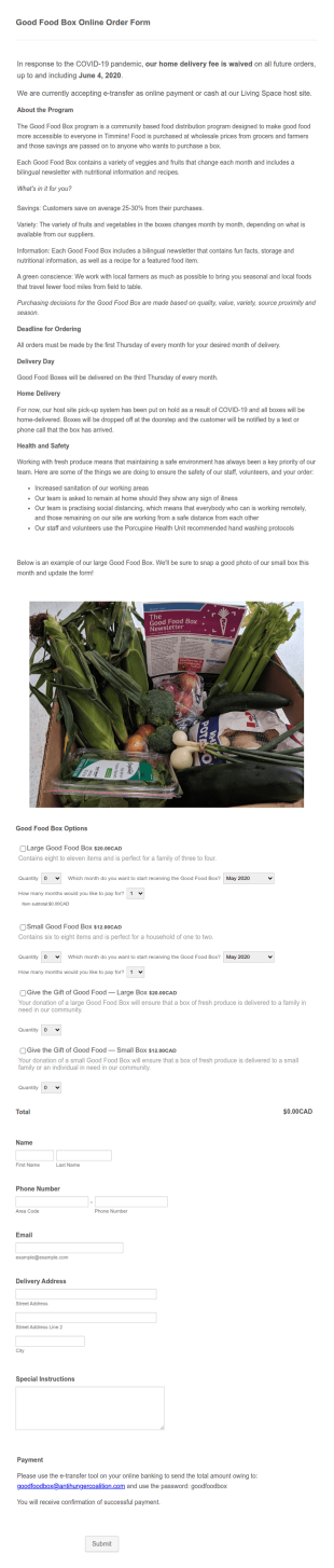Food Box Online Order Form Template
