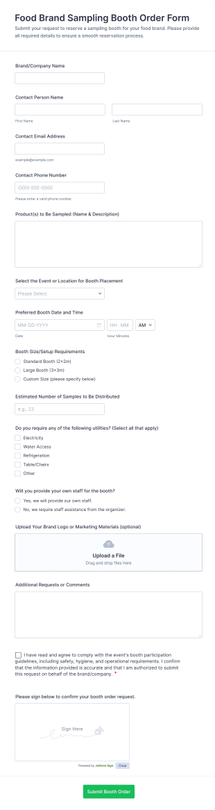 Food Brand Sampling Booth Order Form Template