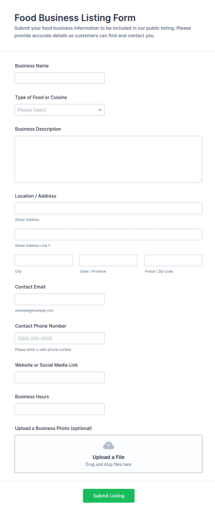 Food Business Listing Form Template