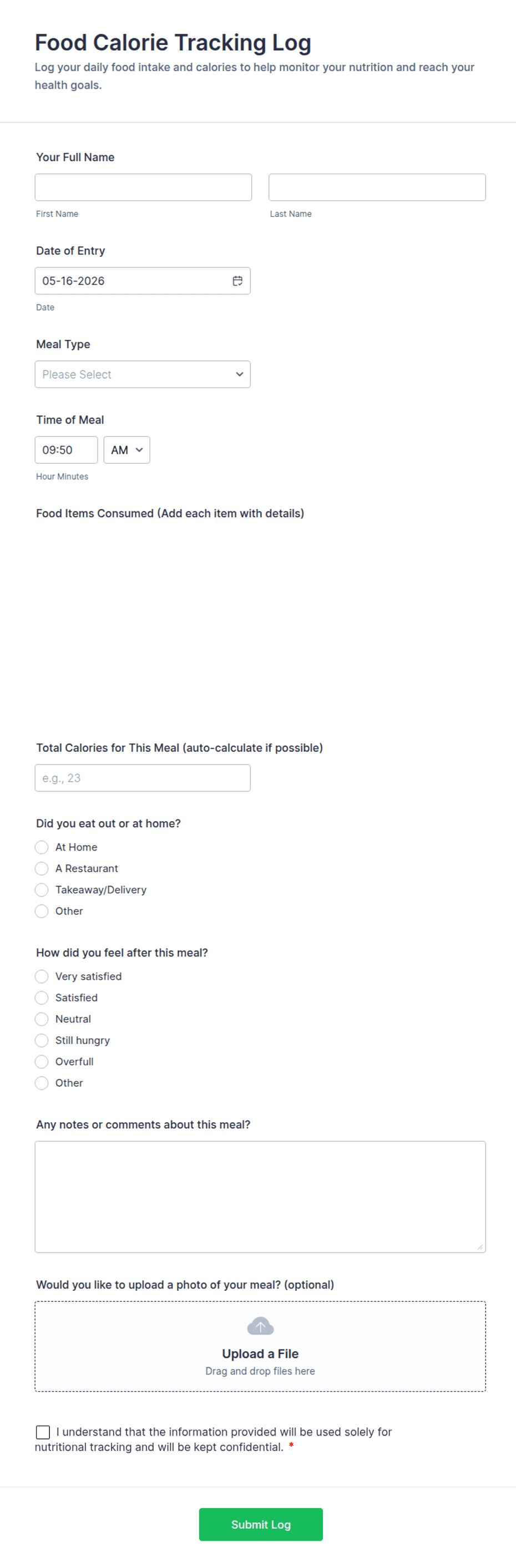 Food Calorie Tracking Log Form Template | Jotform