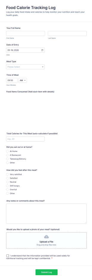 Food Calorie Tracking Log Form Template