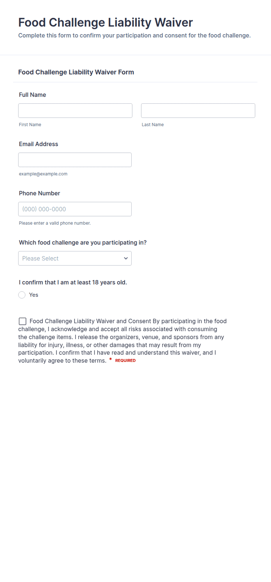 Food Challenge Liability Waiver Form Template | Jotform