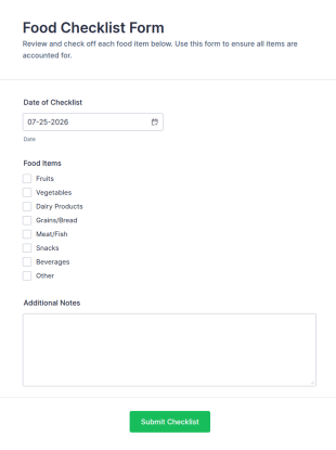 Food Checklist Form Template