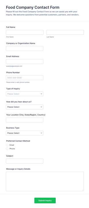 Food Company Contact Form Template
