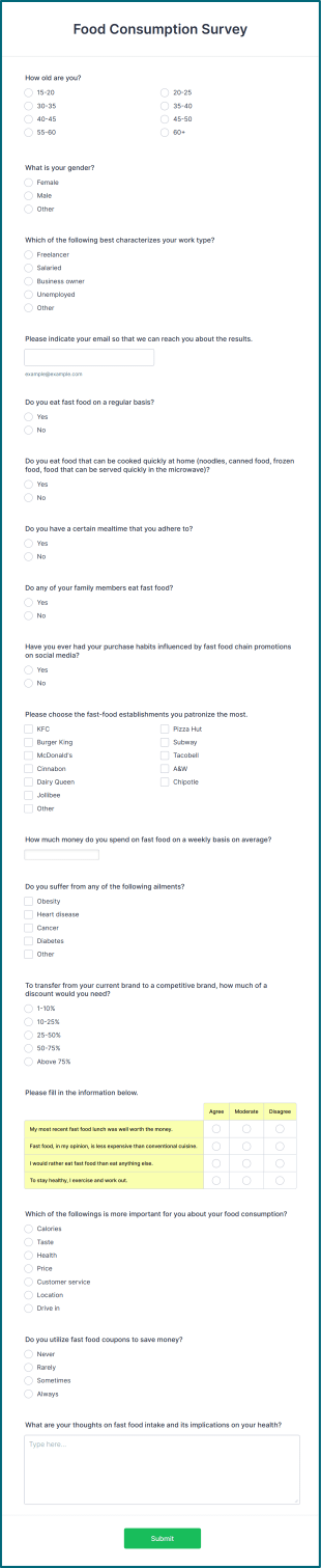 Food Consumption Survey Form Template