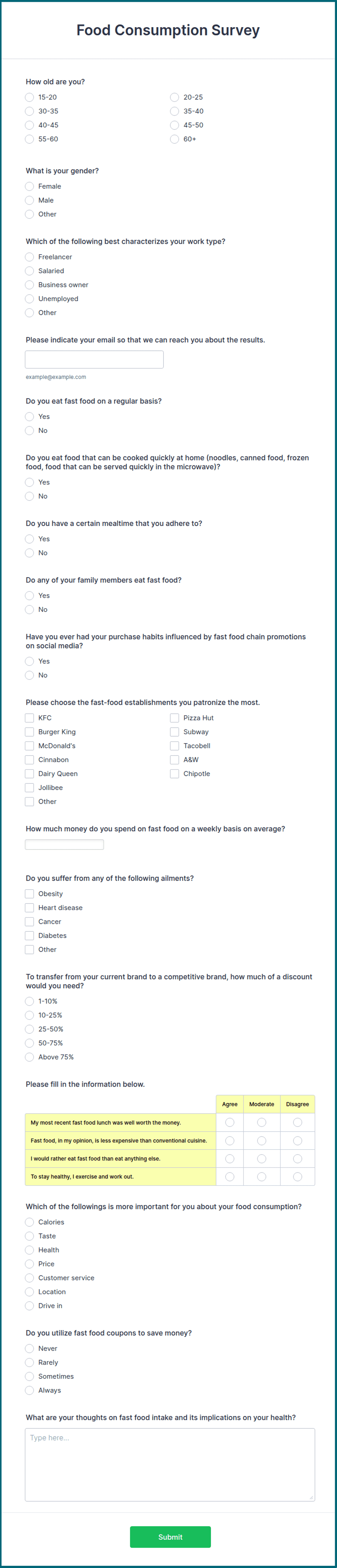 Consumption Sample Form Food Consumption Survey Form Template | Jotform