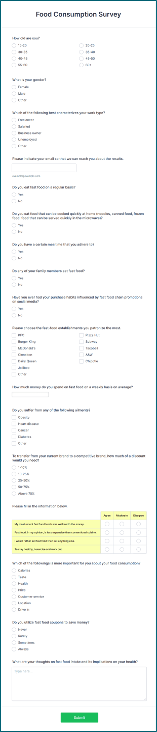 Food Consumption Survey Form Template