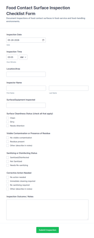 Food Contact Surface Inspection Checklist Form Template