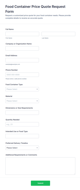 Food Container Price Quote Request Form Template