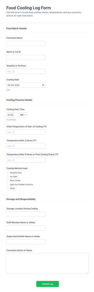 Food Cooling Log Form Template