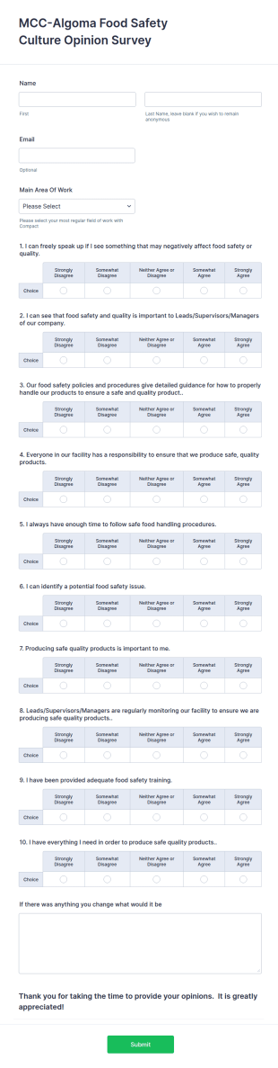Food Safety Culture Opinion Survey Form Template