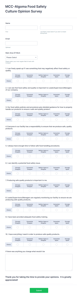 Food Safety Culture Opinion Survey Form Template