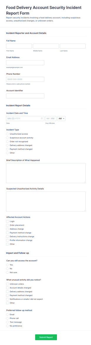 Food Delivery Account Security Incident Report Form Template