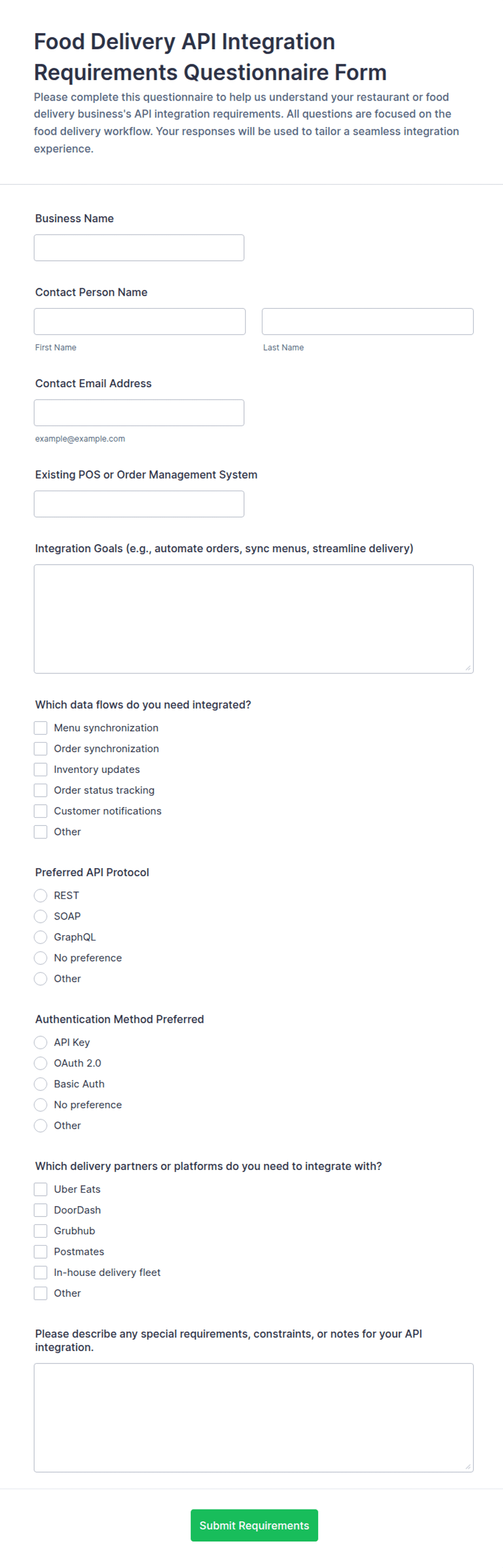 Food Delivery API Integration Requirements Questionnaire Form Template ...