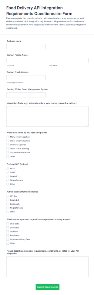 Food Delivery API Integration Requirements Questionnaire Form Template