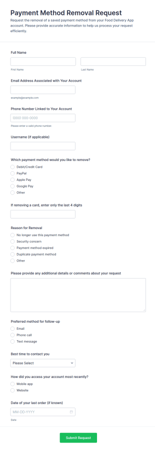 Food Delivery App Payment Method Removal Request Form Template