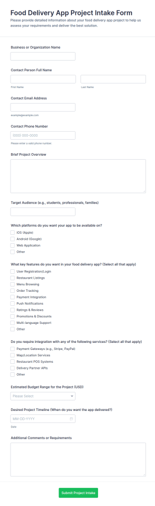 Food Delivery App Project Intake Form Template