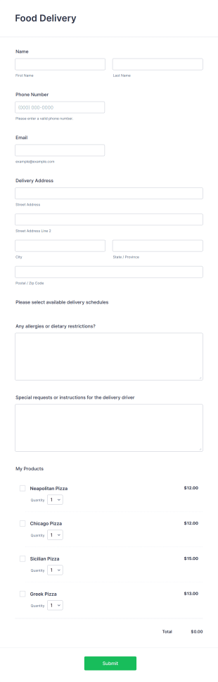 Food Delivery Form Template