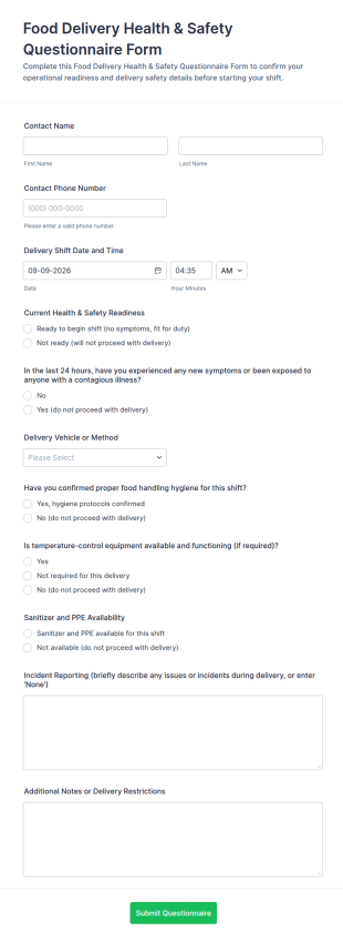 Food Delivery Health & Safety Questionnaire Form Template
