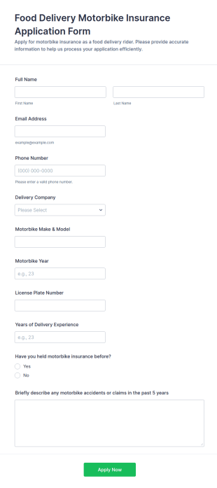 Food Delivery Motorbike Insurance Application Form Template