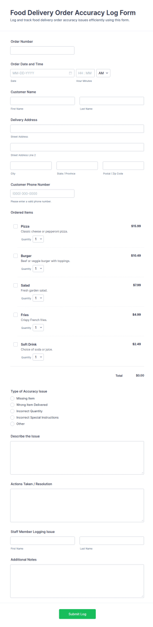 Food Delivery Order Accuracy Log Form Template