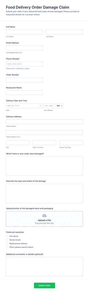 Food Delivery Order Damage Claim Form Template