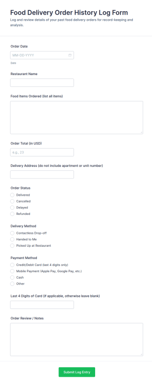 Food Delivery Order History Log Form Template