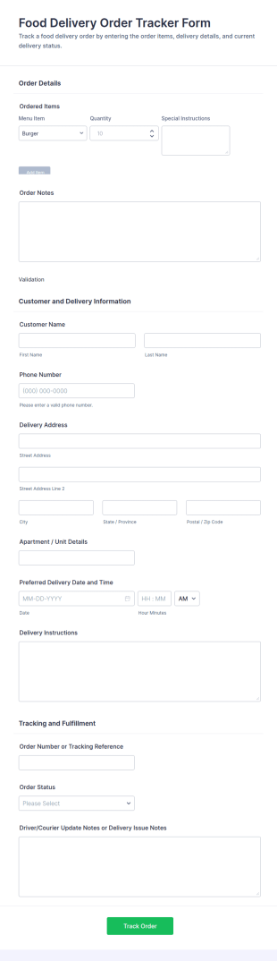 Food Delivery Order Tracker Form Template