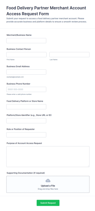 Food Delivery Partner Merchant Account Access Request Form Template