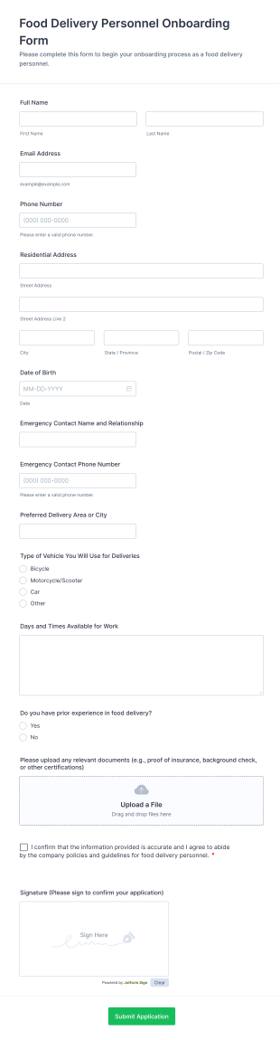 Food Delivery Personnel Onboarding Form Template