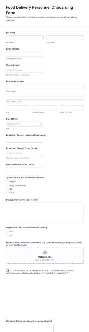 Food Delivery Personnel Onboarding Form Template