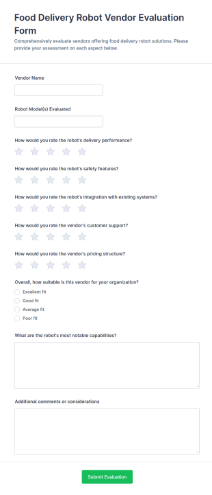 Food Delivery Robot Vendor Evaluation Form Template