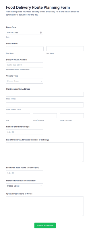 Food Delivery Route Planning Form Template