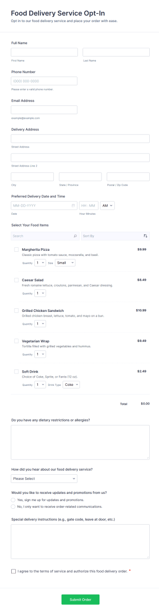 Food Delivery Service Opt In Form Template