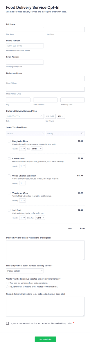 Food Delivery Service Opt In Form Template