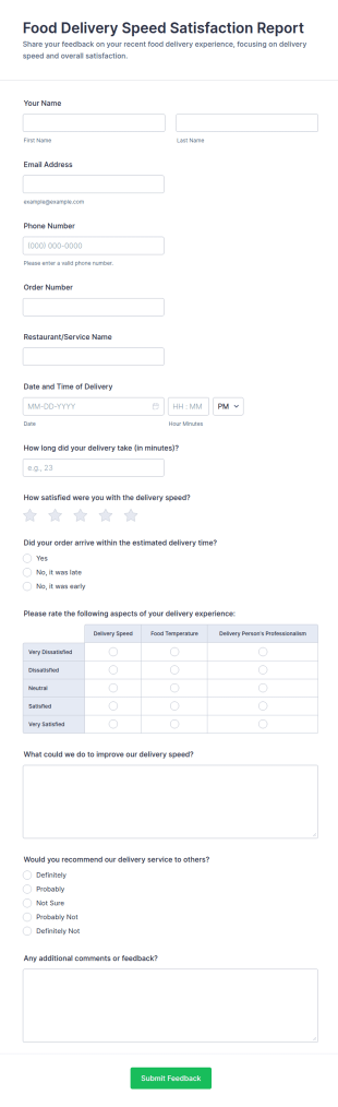 Food Delivery Speed Satisfaction Report Form Template