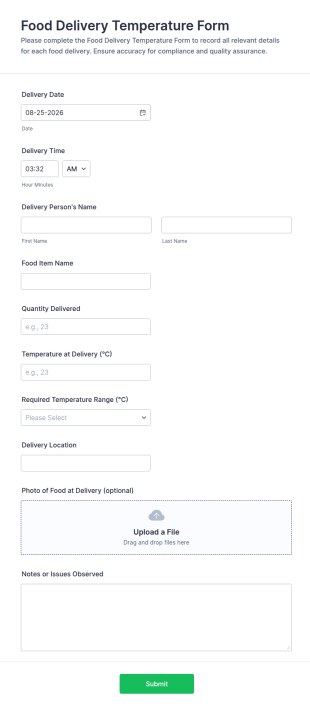 Food Delivery Temperature Form Template