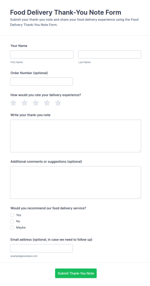 Food Delivery Thank You Note Form Template