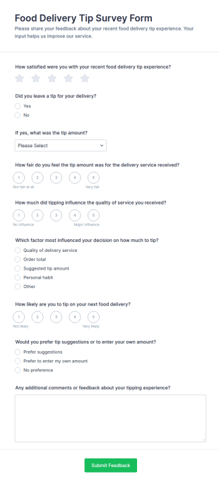 Food Delivery Tip Survey Form Template