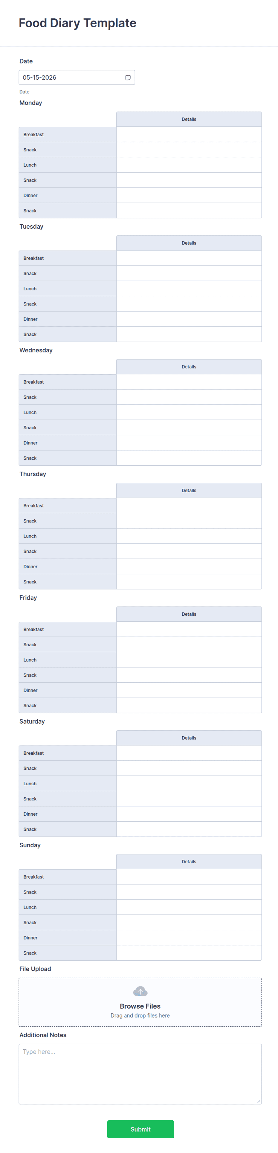 Diary Sample Form Food Diary Template Form Template | Jotform