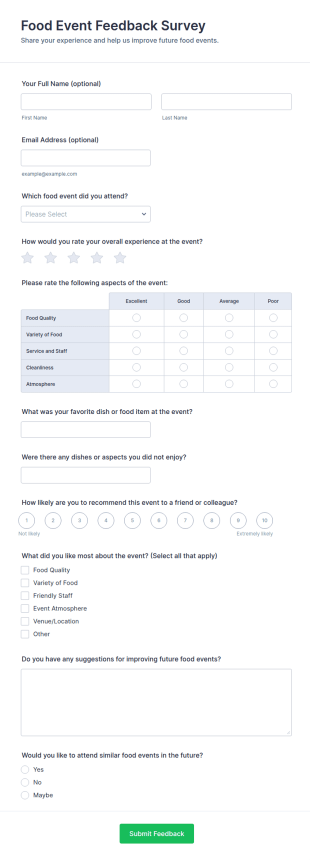 Food Event Feedback Survey Form Template