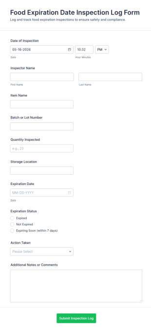 Food Expiration Date Inspection Log Form Template